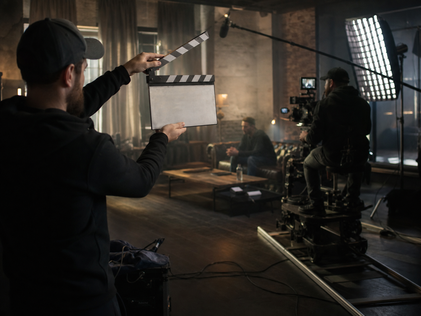 Dietro le quinte di una produzione video con luci di scena, ciak e troupe al lavoro