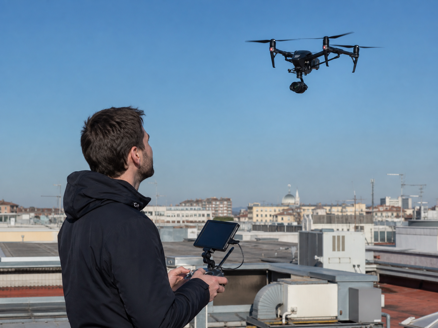 Pilota certificato che manovra un drone per riprese aeree cinematografiche