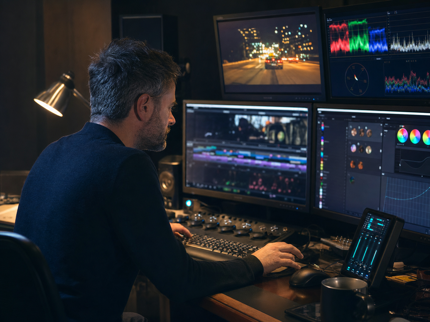 Editor video in sala montaggio davanti a monitor con timeline e color grading