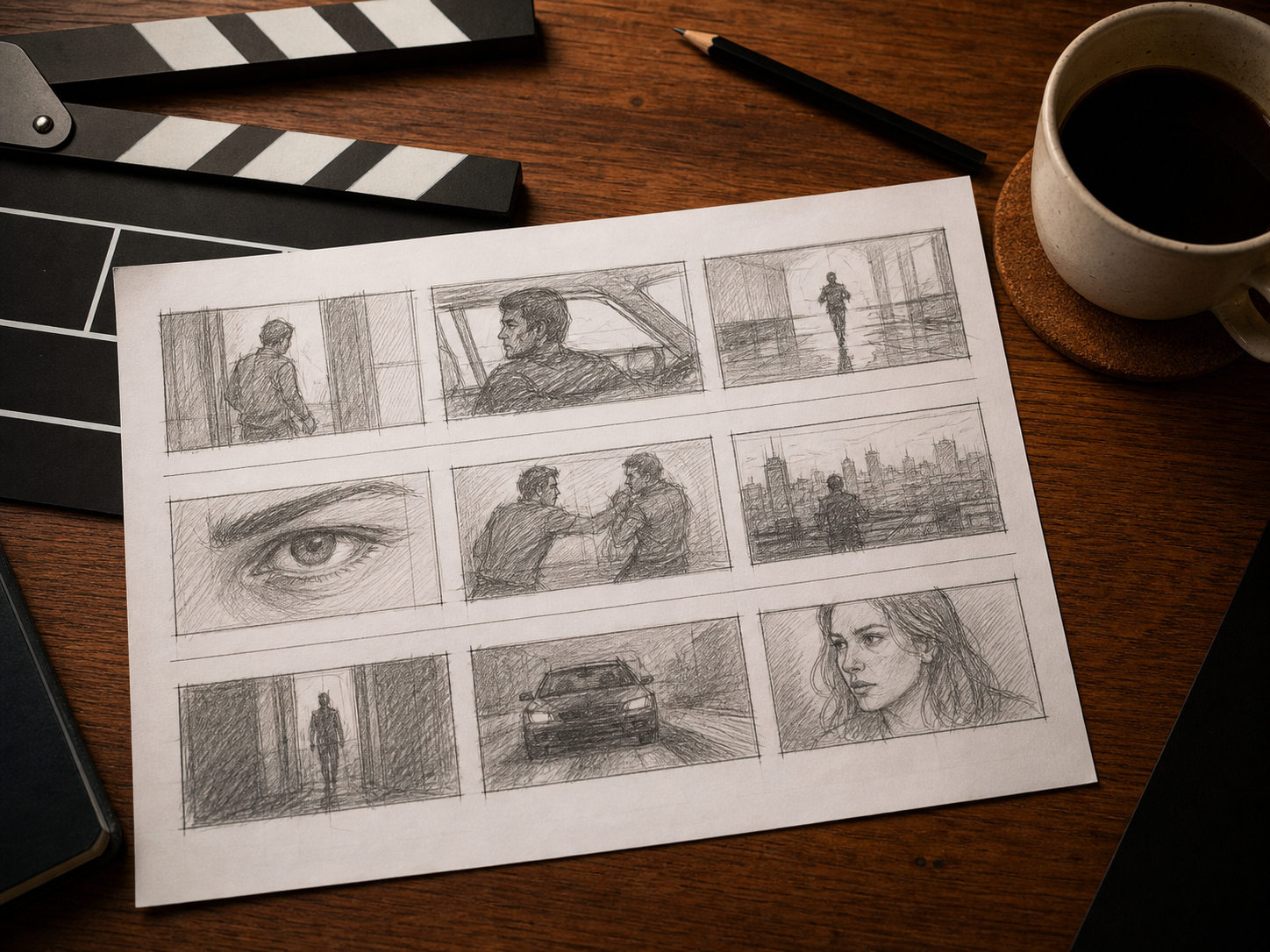Storyboard disegnato a mano su un tavolo da regia, accanto a un ciak e matite